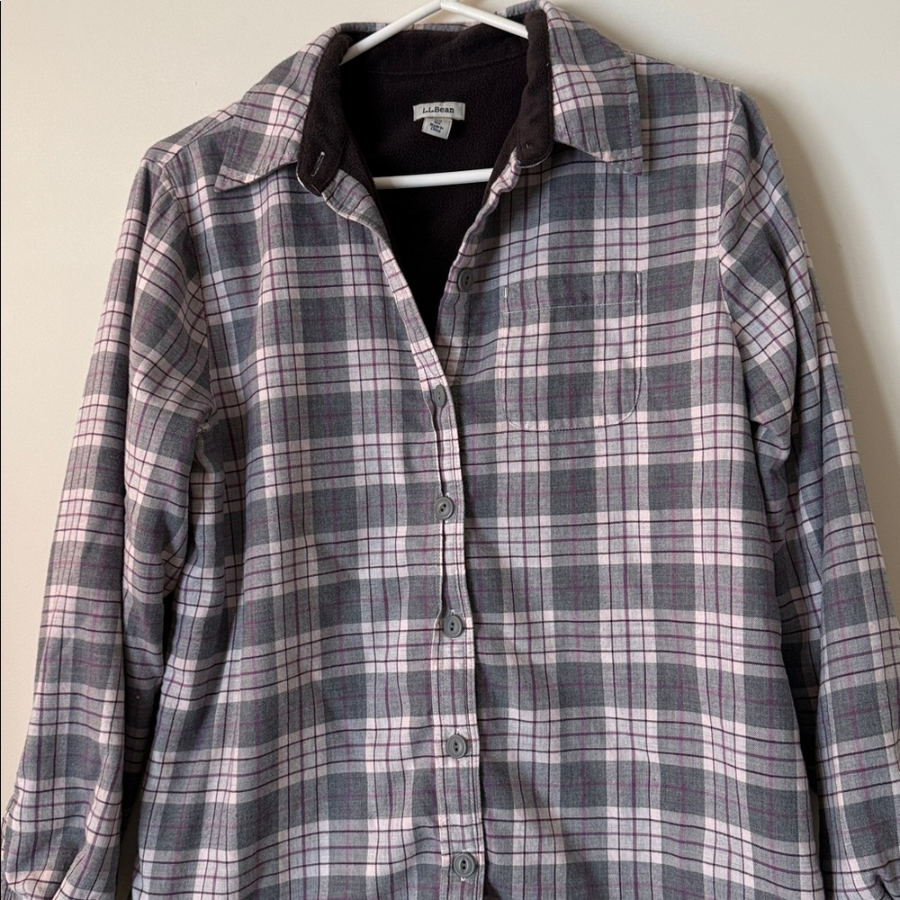 L.L. Bean Fleece Lined Flannel Shirt Jacket Plaid Shacket Gray Pink - Picture 6 of 8